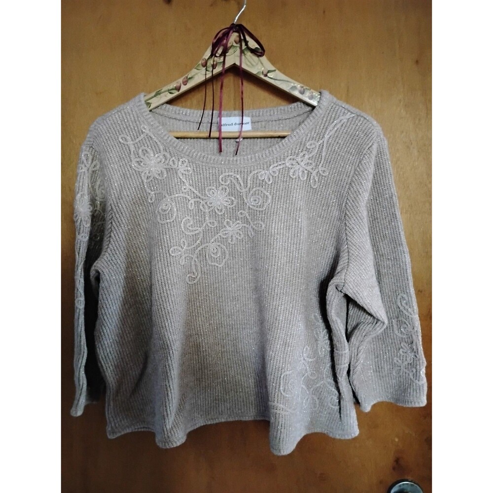 Alfred Dunner Cozy Knit Asymmetrical Metallic Floral Embroidery Sweatshirt